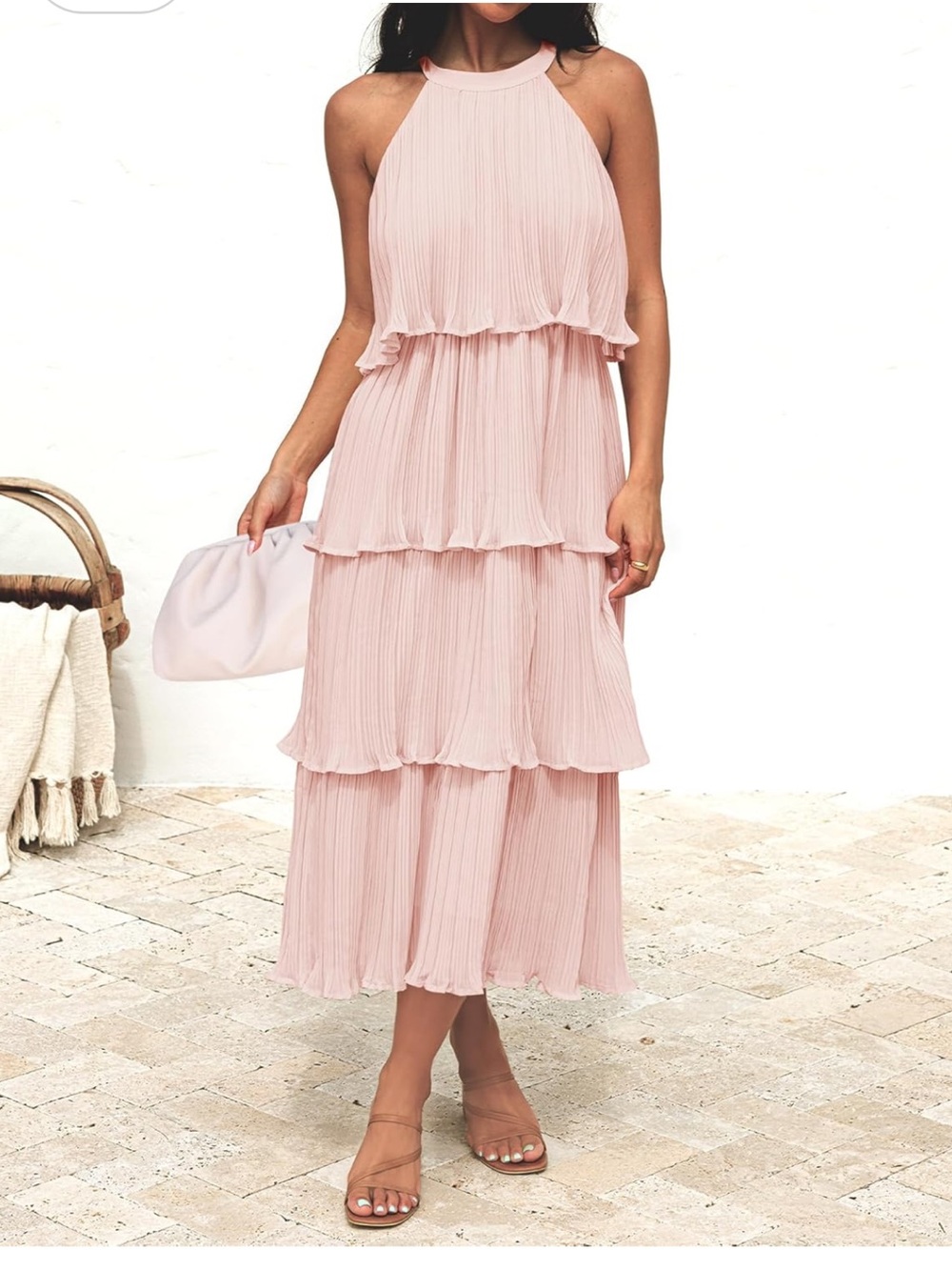 Zesica Large Pleated Tiered Halter Midi Dress in Light Pink
